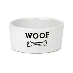 white ceramic dog bowl with woof written on it