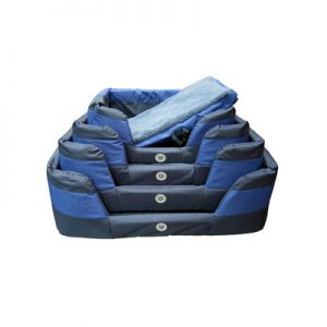 stack of blue basket dog beds